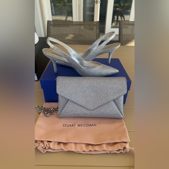 Stuart Weitzman Shoes - Stuart Weitzman Silver Glitter Slingback Pumps with Matching Envelope Clutch